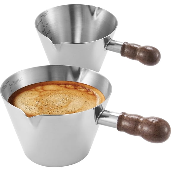 Ratrabas Stainless Steel Espresso Cups Set of 2, 3oz Double Spout Glass Measuring Cup with Handle, Milk Frothing Pitcher with Spout & Scale, Espresso Accessories for Coffee, Latte Art and Kitchen