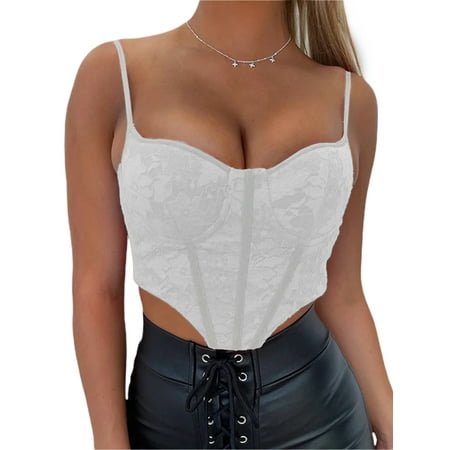 

Canrulo Women Lace Corset Tops Bustiers Push Up Off Shoulder Crop Tops Slim Bodycon Cami Top Party Clubwear White S