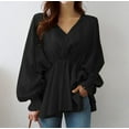 thumbnail image 2 of Pompotops Women's Solid Color Drawstring Irregular Long Sleeve Shirt Loose Long Sleeve V-Neck Tops Clearance, 2 of 5