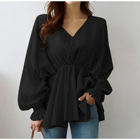 Wyongtao Women s Babydoll Blouses Casual Solid Color Drawstring V Neck Long Sleeve Round Hem Ruffled Peplum Tops Dressy Work Blouse Black S