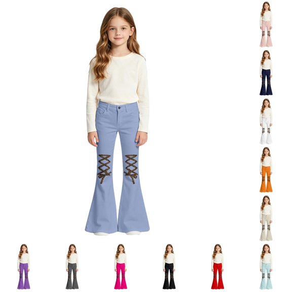 XIYON Girls Flare Pants High Waist Bell Bottoms Kids Stylish Casual Trousers with Pockets for Daily Wear 9-10 Years