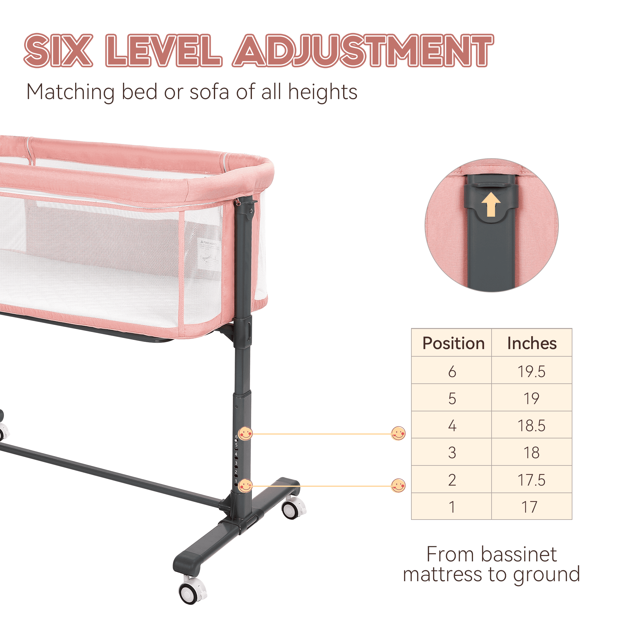 LINLUX Adjustable Baby Bassinet, Bedside Bassinet for Babies, Portable Newborn Bedside Crib, Pink