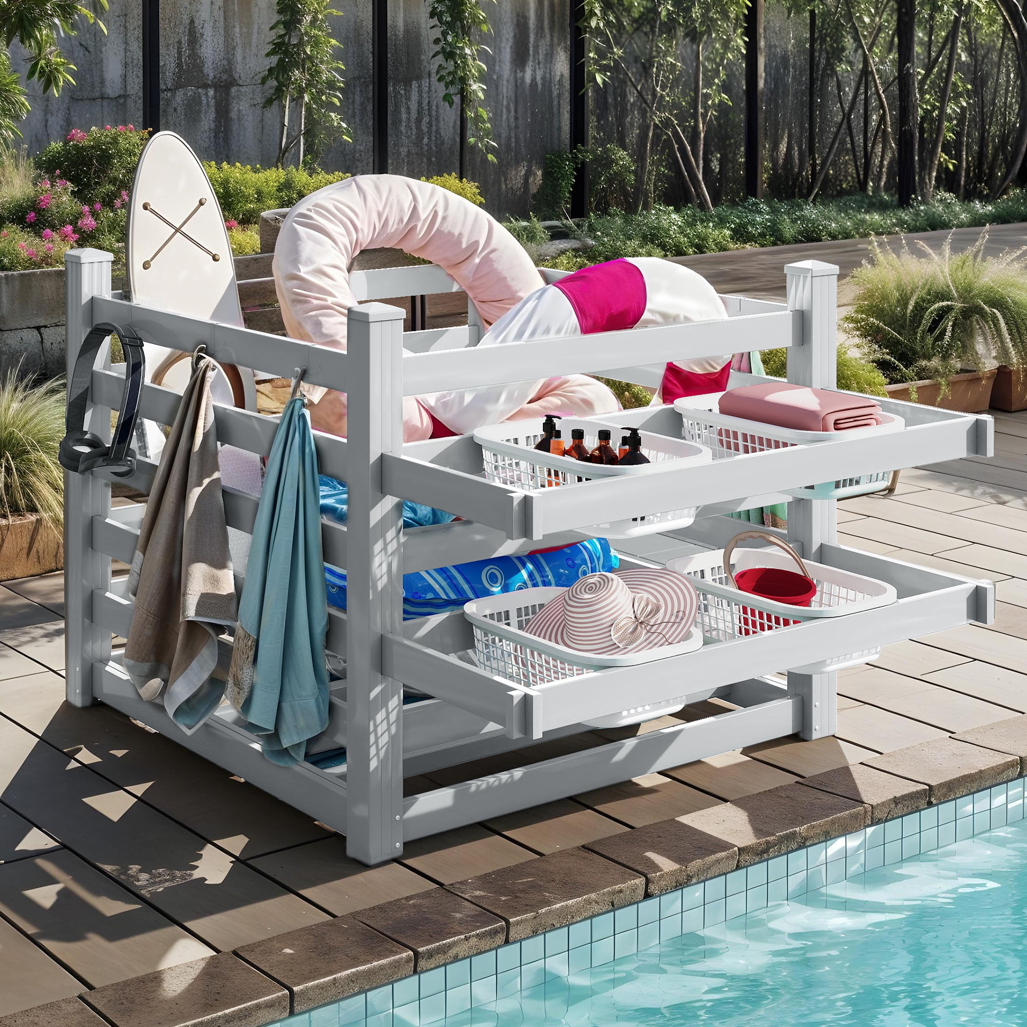 Uforic Outdoor Waterproof Storage Organizer with 6 Hooks, Pool Deck Box, Patio Bin, 64"W x 47"L x39"H, Light Gray