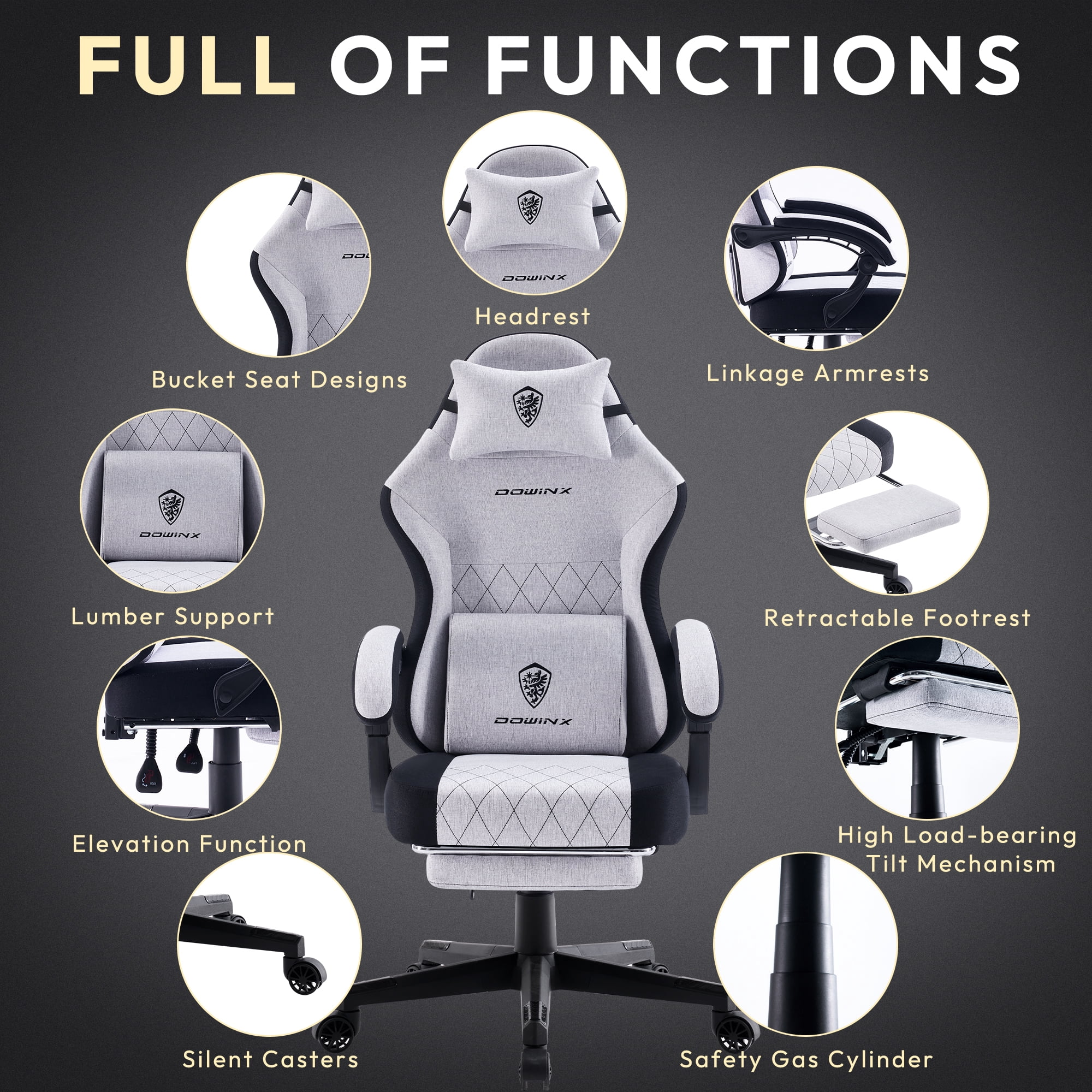 Dowinx Fabric Gaming Chair with Massage Lumbar Support, High Back Ergonomic Computer Chair with Footrest for Adult, Grey