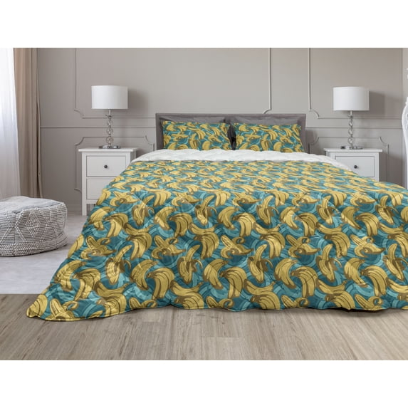 Banana Comforter & Sham Bedding Set, Exotic Fruit Arrangement on a Blue Toned Background Retro Style Hawaiian, 3 pcs Duvet Set Microfiber Filling Quilt, 5 Sizes, Mustard Pale Blue Fawn, by Ambesonne