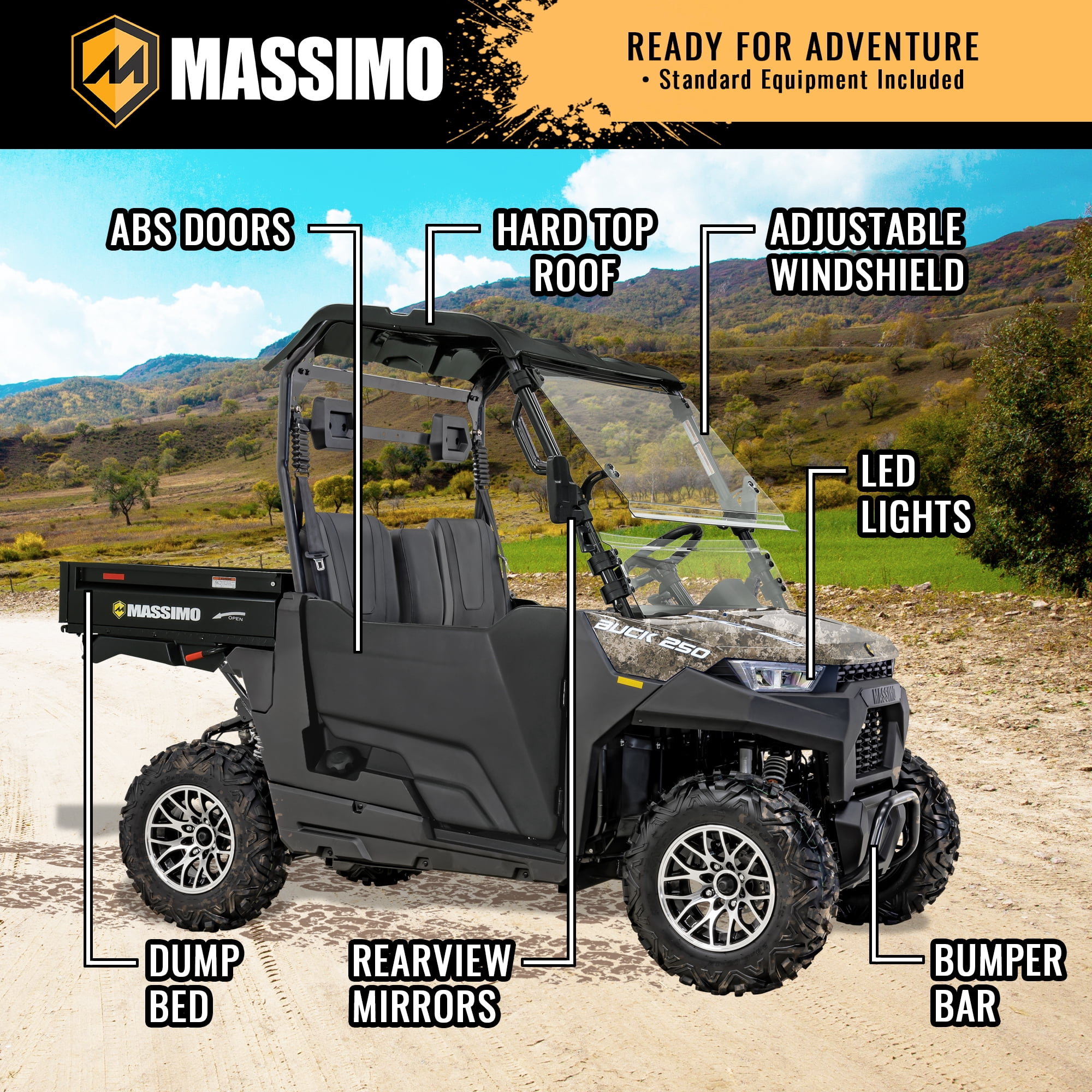 Massimo Buck 250 Side by Side UTV 12hp, 177cc, 6.5 cf. Dumping Cargo Bed - Camo