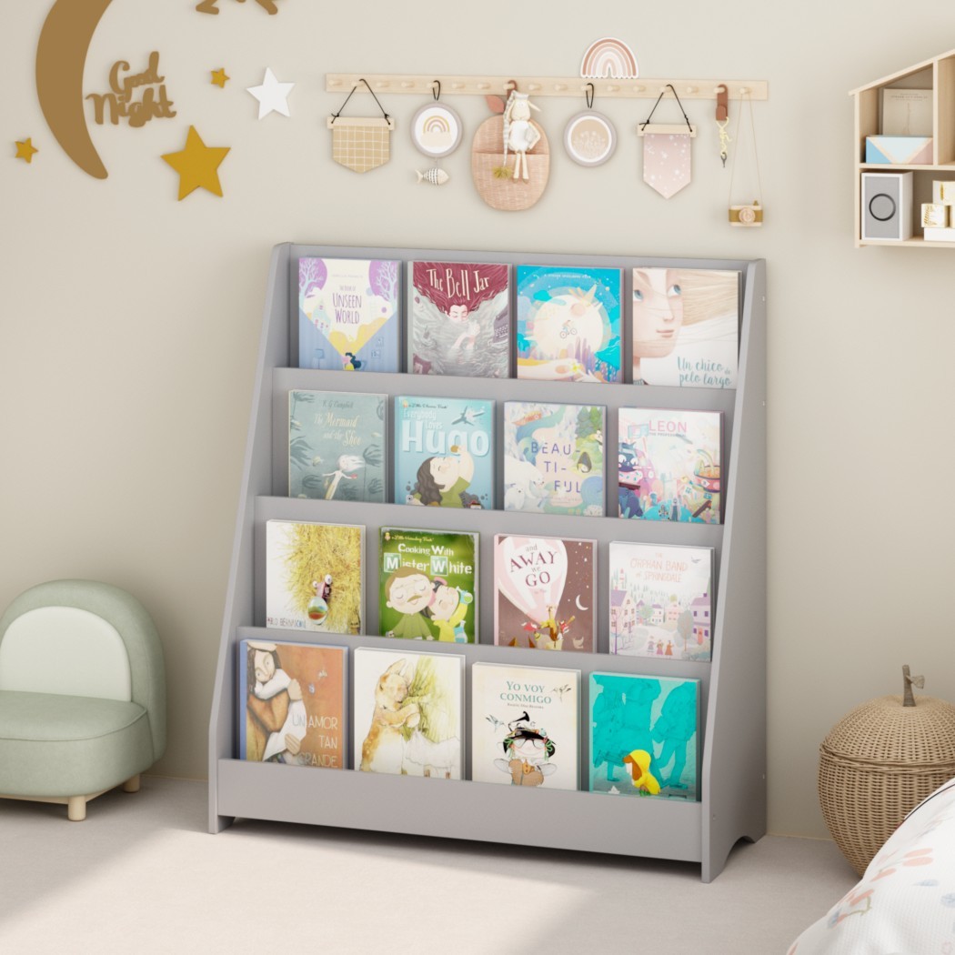 4-Tier Kids Bookshelf, Toddler Book Display Shelves, Wooden Children's Bookcase with Open Storage, Rounded Edges & Tip-Over Restraint for Bedroom, Playroom & Classroom, Gray