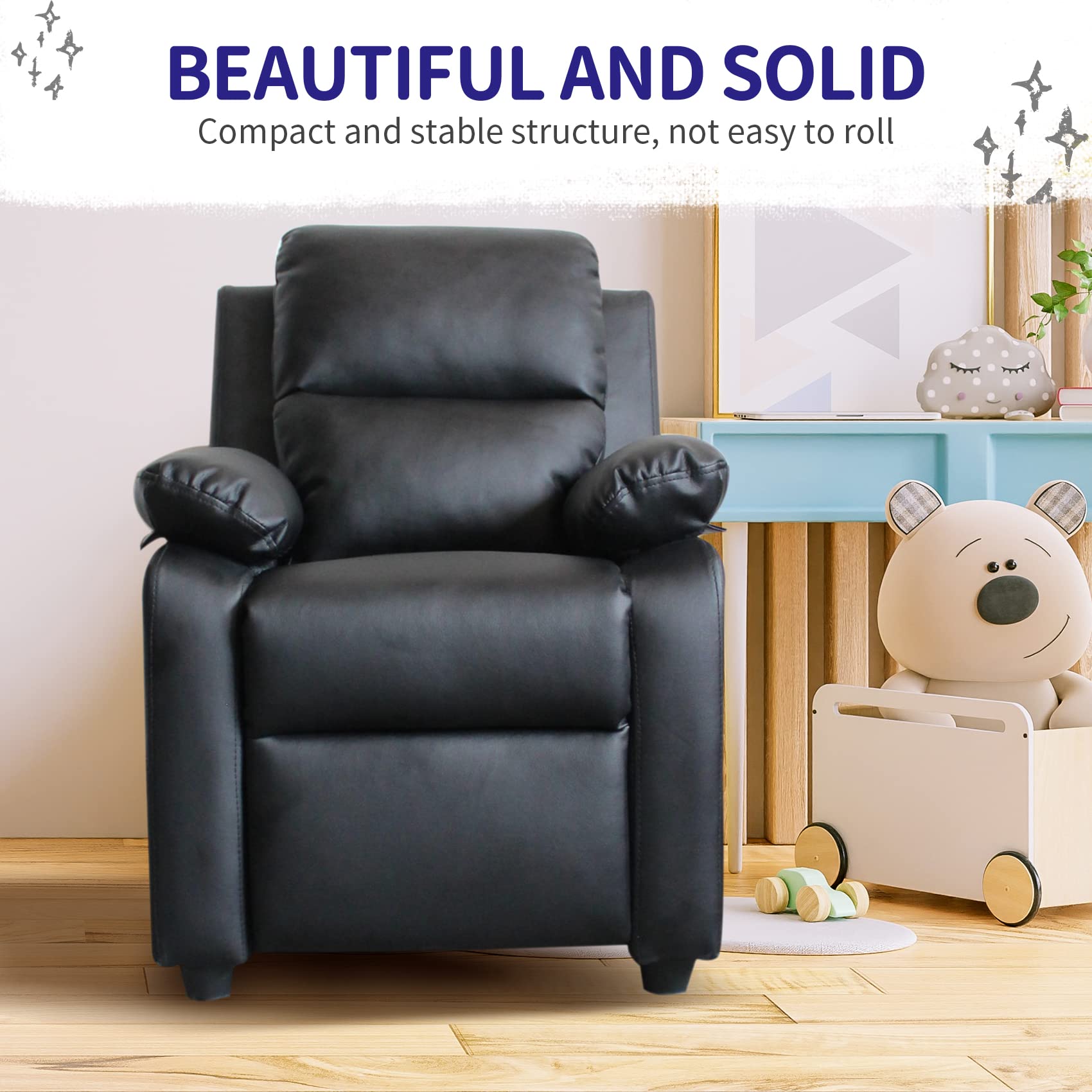 UNICOO® Kids Recliner Chair, Toddlers Recliner with Headrest Footrest and Lumbar Support, Ergonomic PU Leather Armchair Lounge Chair (Black)