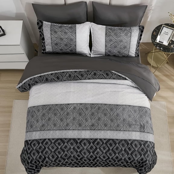 Queen Comforter Set Dark Gray Boho,Soft 7 Piece Bed in a Bag Queen Size Black Bedding Sets Striped Comforters with Plaid Bed Set with Sheets for Men Fall Winter