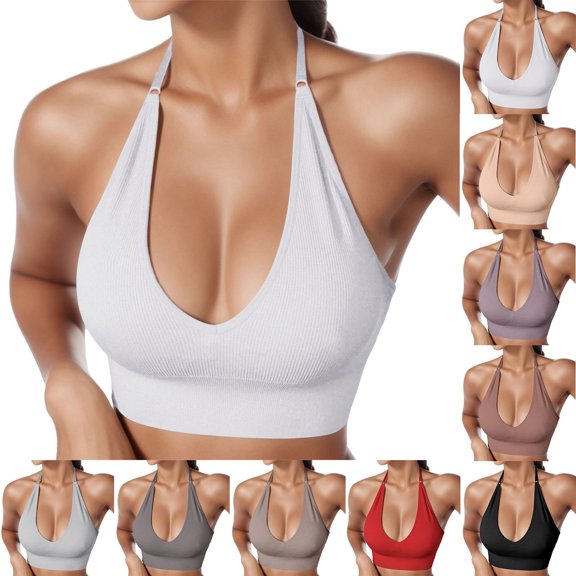 Women's Halter Bra Top Yoga Bralette Crop Tanks Workout Sports Bras Deep V Neck with Adjustable Spaghetti Strap Seamless Padded