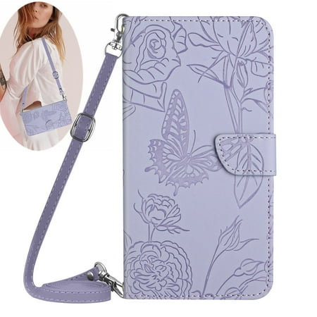 Dteck Crossbody Wallet Phone Case for Samsung Galaxy A03S, PU Leather Butterfly Embossed Magnetic Folio Flip Stand Cover with Shoulder Strap Lanyard Wristlet for Samsung Galaxy A03s,Purple