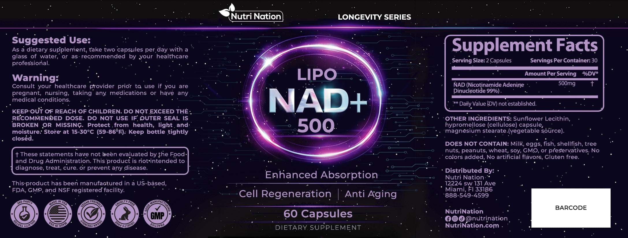 Nutri Nation Liposomal NAD 500mg Supplement 120 Capsules, Nicotinamide Adenine Dinucleotide, for Anti Aging and Cell Regeneration, 2 Bottles, Made in USA