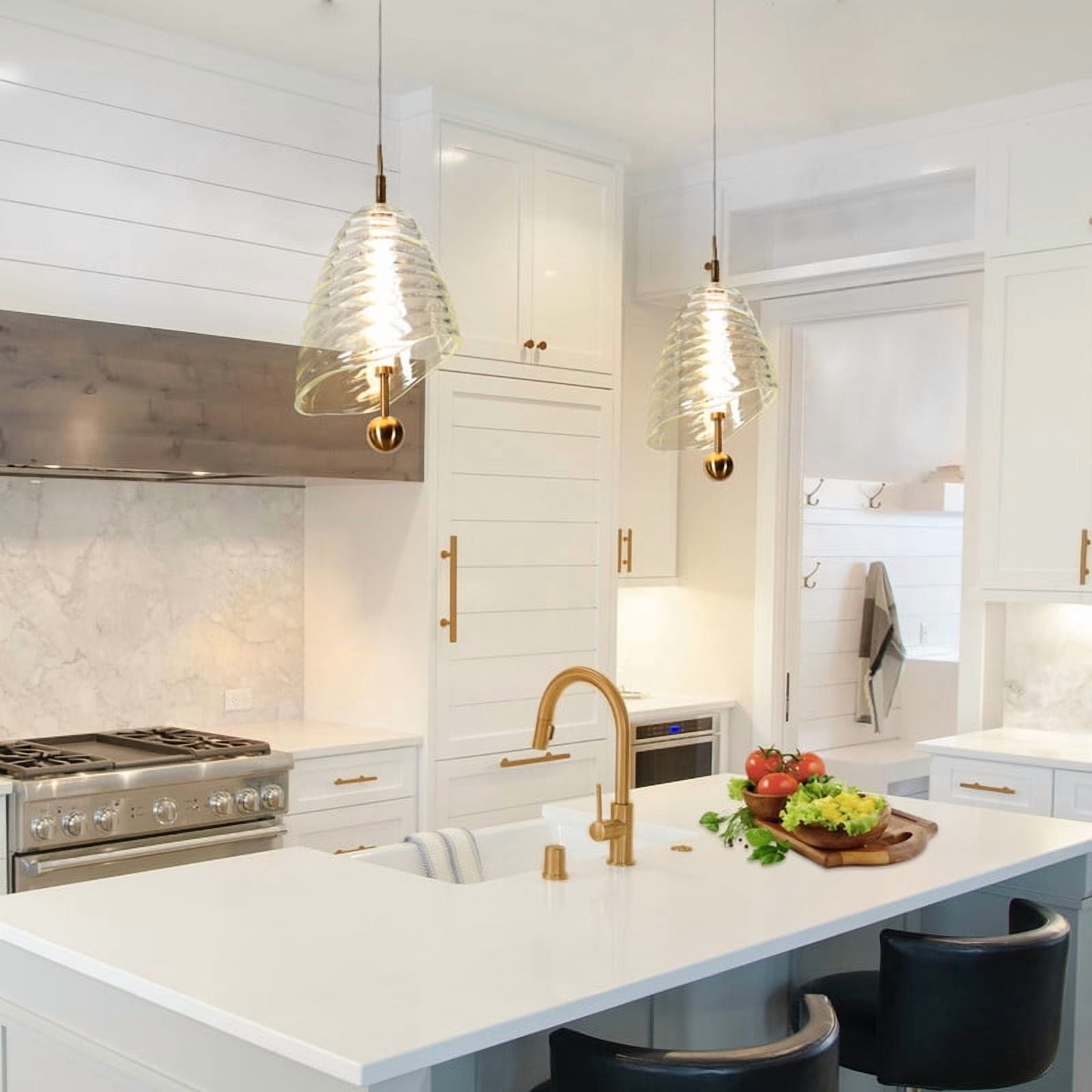 LNC Modern Gold Pendant Light with Clear Textured Shade, Integrated LED Hanging Fixture