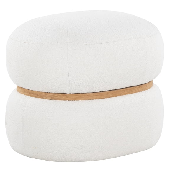 Cream Boucle Fabric Pouf Ottoman with Natural Wood Base, Stylish Footstool for Living Room, Bedroom, Office