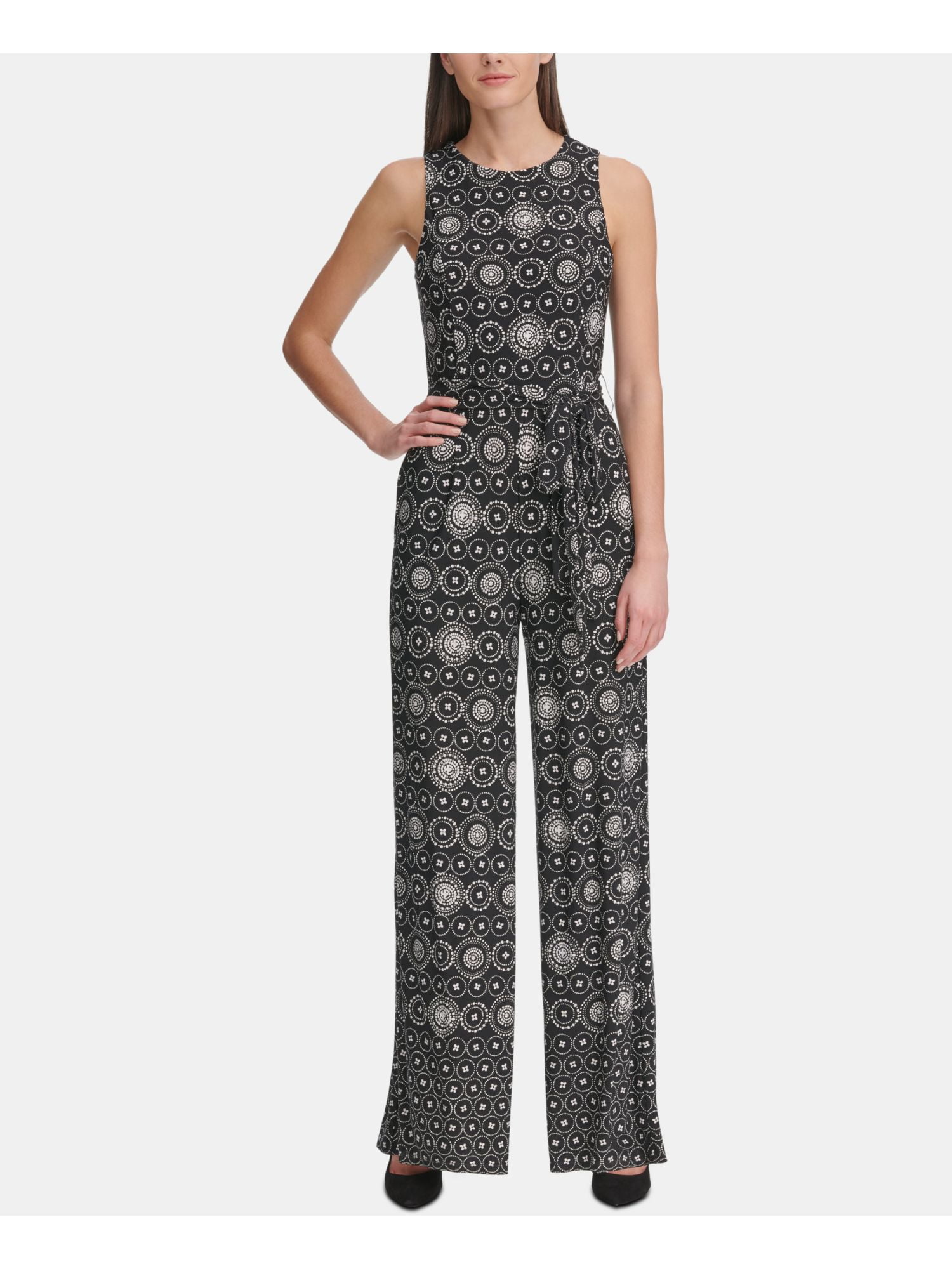 TOMMY HILFIGER Womens Black Belted Printed Sleeveless Jewel Neck Wide Leg Jumpsuit Size 4P TOMMY HILFIGER Womens Black Belted Printed Sleeveless Jewel Neck Wide Leg Jumpsuit Size 4P