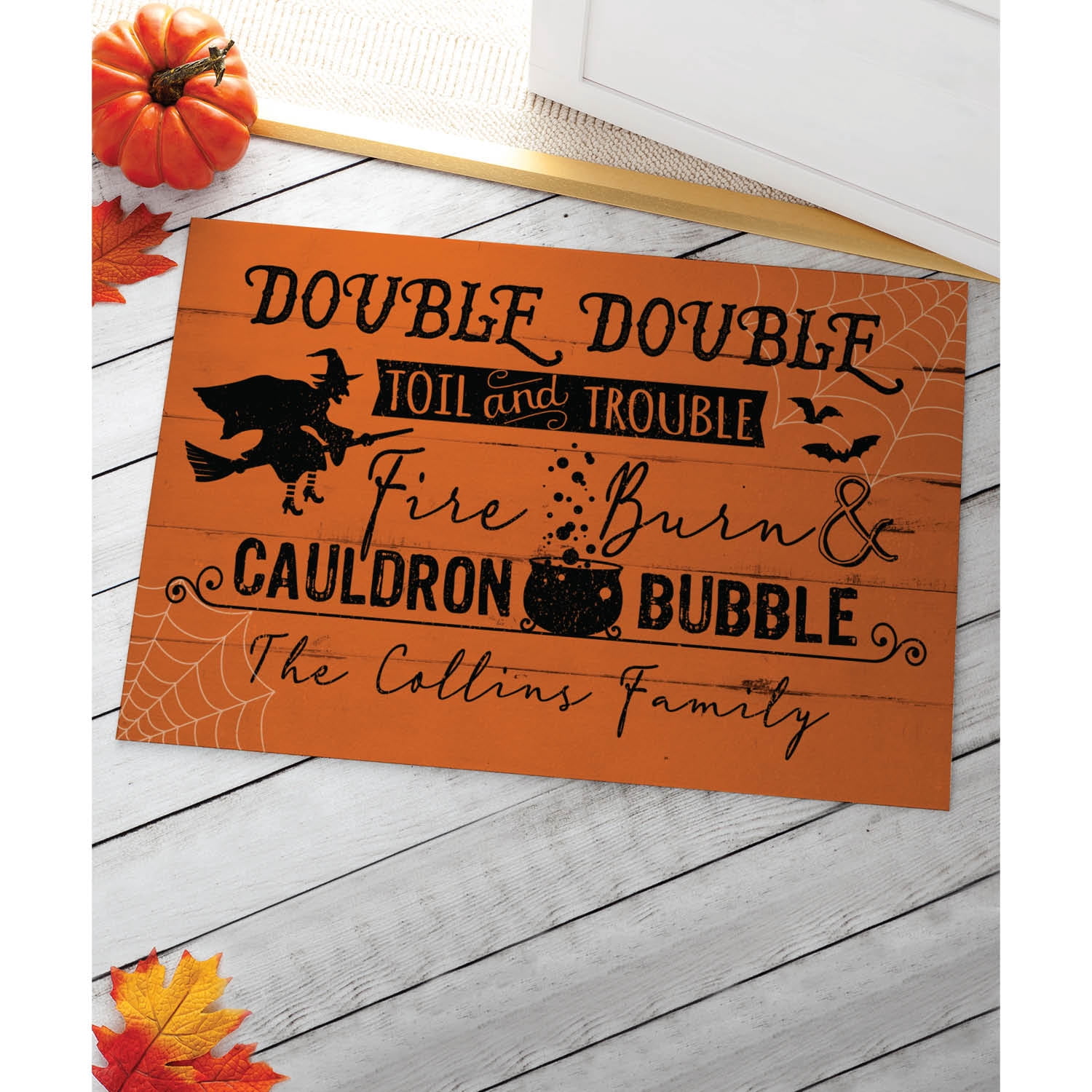 Personalized Planet 27x18 Double Double Toil and Trouble Fire Burn & Cauldron Bubble Halloween Doormat with Custom Name Printed on Orange Rectangular 1/8” Thick Non Slip Mat for Deck or Porch