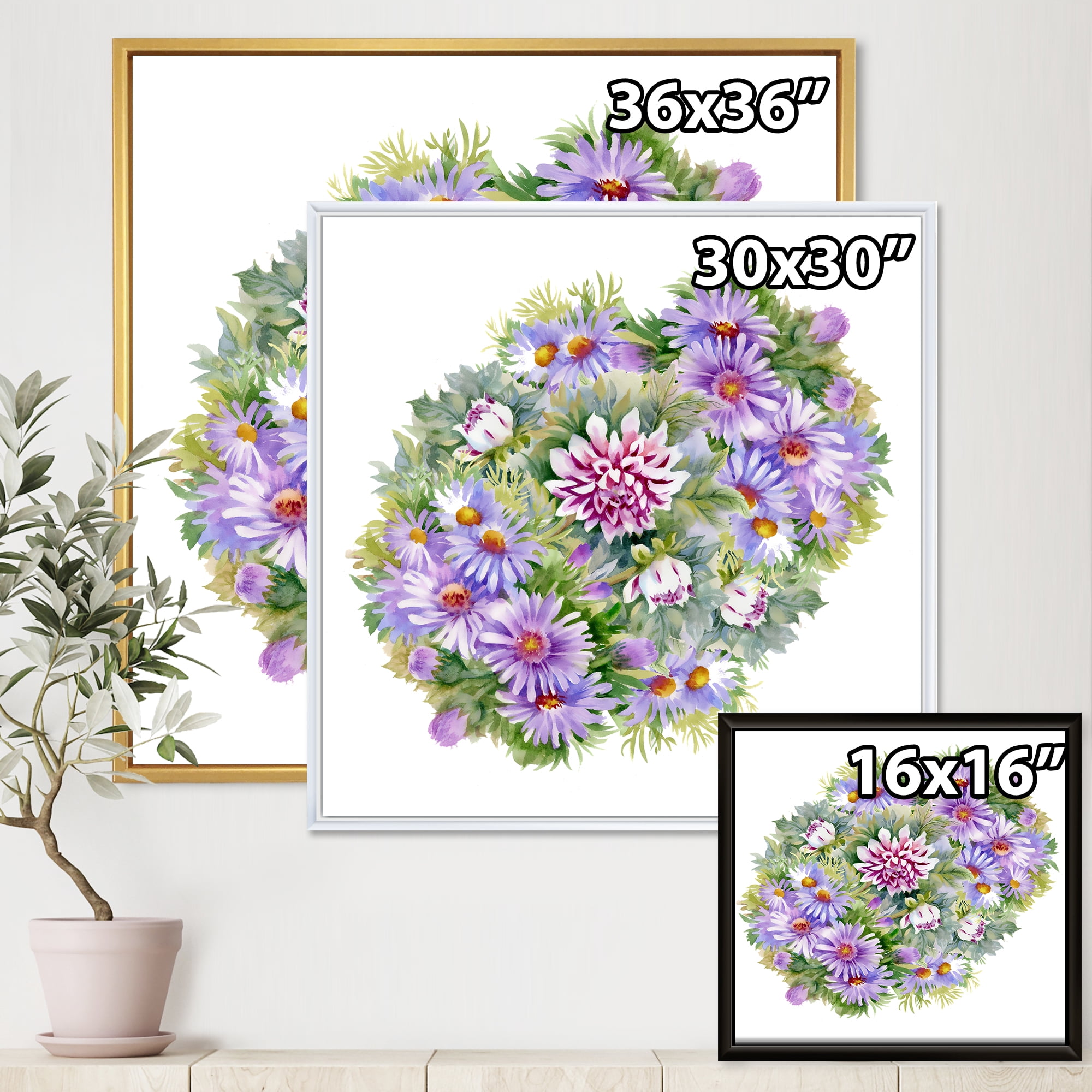 Designart 'Bouquet With Daisies and Purple Chrysanthemums' Traditional Framed Canvas Wall Art Print
