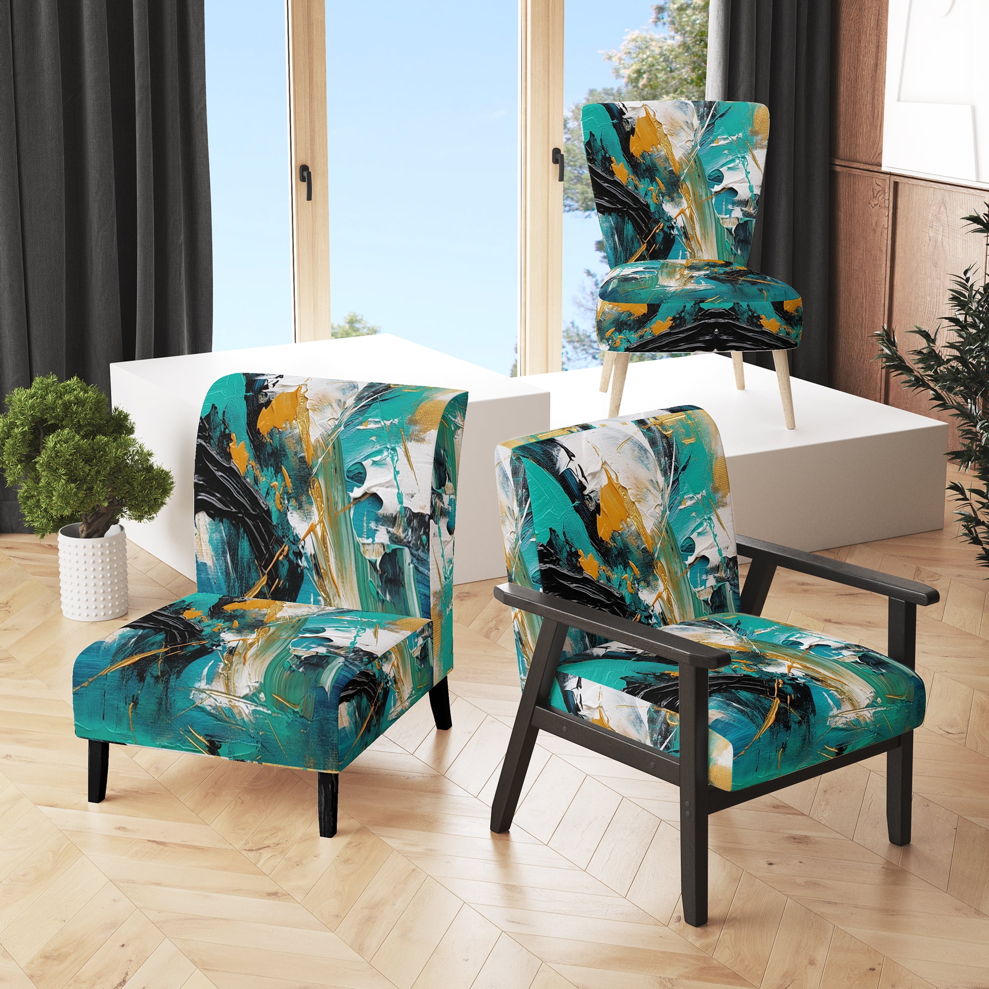 Designart Cubist Kaleidoscope Teal Yellow Fusion Teal Cubism Upholstered Accent Chair Modern Arm Chair For Living Room
