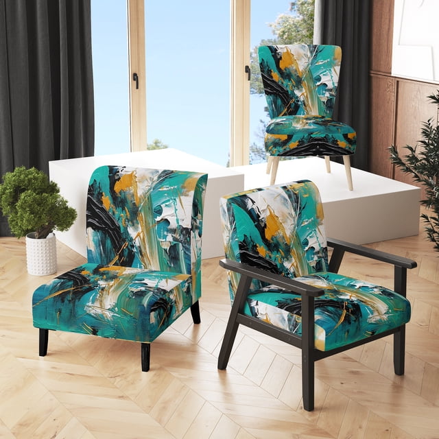 Designart "Cubist Kaleidoscope Teal Yellow Fusion" Chaise d'Appoint Rembourrée Teal Cubism - Fauteuil Moderne pour Salon