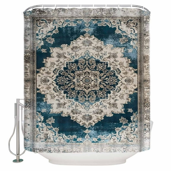 Extra Long Shower Curtain 72x96 Inch, Boho Flower Blue Grey Shower Curtain Waterproof Bathroom Decor Vintage National Floral Textured Fabric Bath Curtain Set Accessories with Hooks