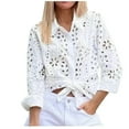 thumbnail image 2 of Meichang Womens Hollow Out Tops Dressy Casual Long Sleeve Lapel Button Down Shirts Solid Loose Fit Eyelet Embroidery Tops Work Shirts, 2 of 8