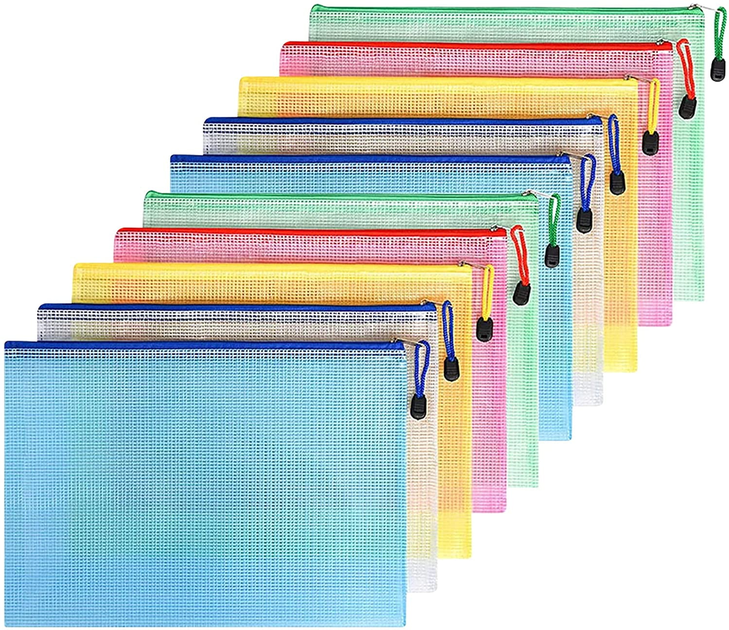 15 Pcs A4 Plastic Mesh Zip File Folder 5 Colors PVC Organizer Storage Bags Waterproof Bags for Office Supplies Travel Storage Bags 