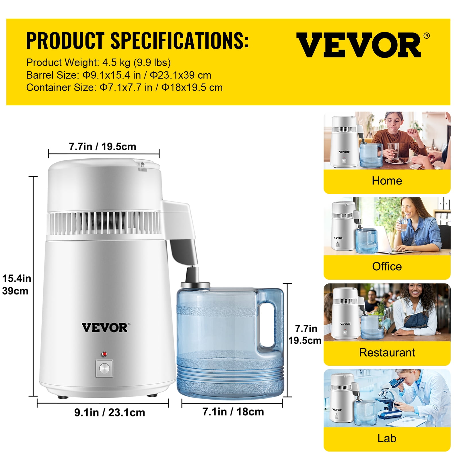 KFFKFF Stainless Steel Water Distiller 750W Water Distillation Kit 1.1 Gallon/4 L Water Distiller Home Countertop Connection Bottle Food-Grade Outlet Glass Container (White)