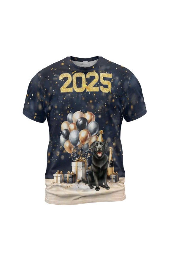 Happy New Year Labrador Retriever Welcome 2025 Balloon Firework Party All Over Print 3D Shirt Unisex Merch Lab Dog Lover Gifts - 01014