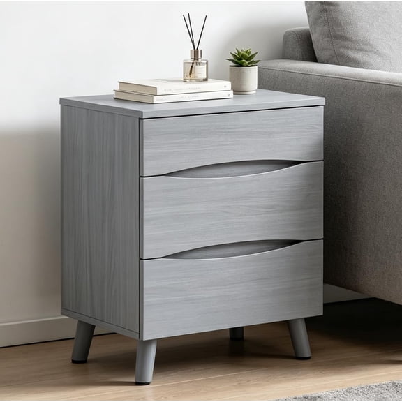 Nightstand with 3 Storage Drawers - Gray | 24-Inch-Wide Bedside Table with Wooden Top for the Bedroom, Space-Saving Modern End Table for the Living Room or Office