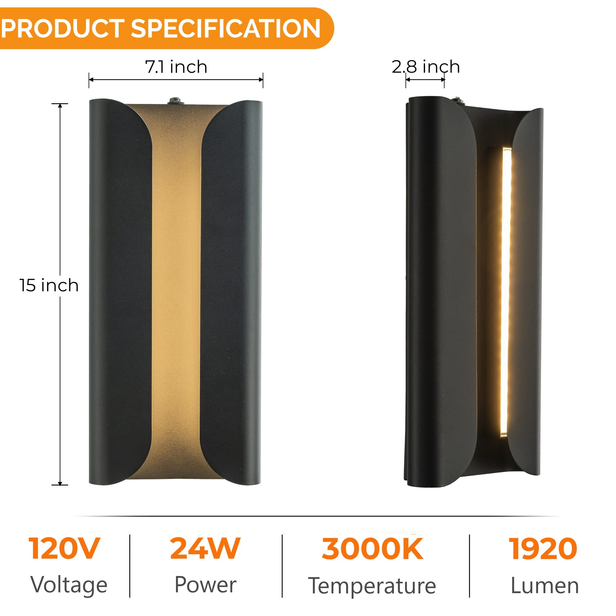 H15" Matte Black 24W Integrated LED Wall Sconce with Acrylic Shade Modern Simplicity Outdoor Wall Light with Dusk to Dawn Sensor for Porch  Garage