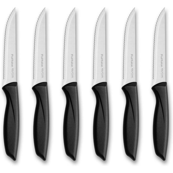 Ruffulon Steak Knife Set of 6,Sliver Steak Knives,Serrated Stainless Steel Kitchen Knife with Ergonomic Handle,Durable Multipurpose Kitchen Knives,Sharp Dinner Knife,Rust Resistant,Dishwasher Safe