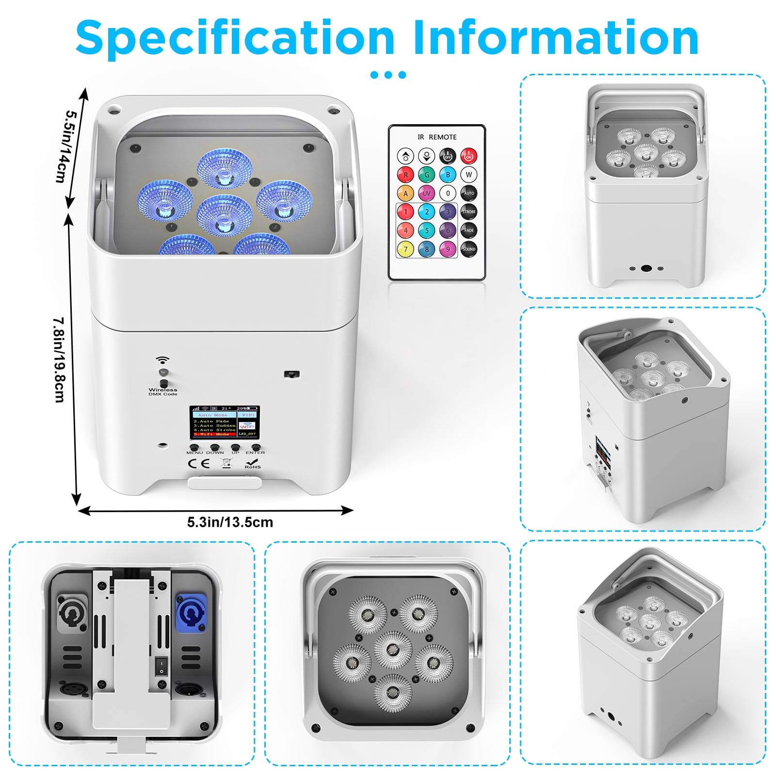 4Pack 108W Battery LED Par Spotlight Rechargeable RGBWA+UV WiFi/DMX/APP Stage Light w/ 1 Bag, White