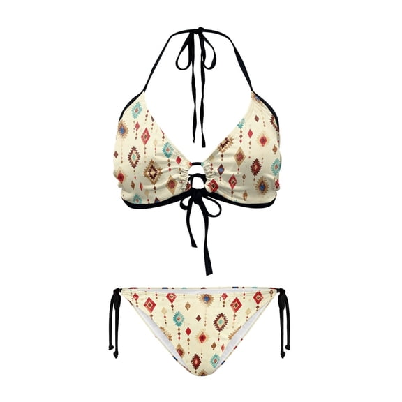 Chririnla Women's Halter Triangle Bikini Set - Southwestern Geometric Diamond Print, Tie Side Bottoms - Sexy Quick Dry Swimwear for Beach Vacation & Pool Party