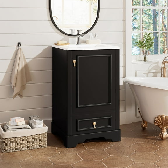20" Single Bathroom Vanity Cabinet with Ceramic Sink Top, Adjustable Shelf & Divided Drawer, Black