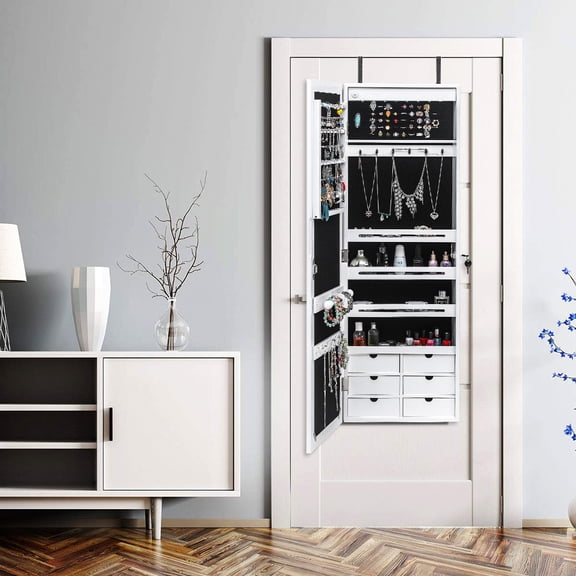 Cfowner Dark Brown Jewelry Mirror Cabinet, Storage Cabinet with 5-Layer Shelf 2 Drawer