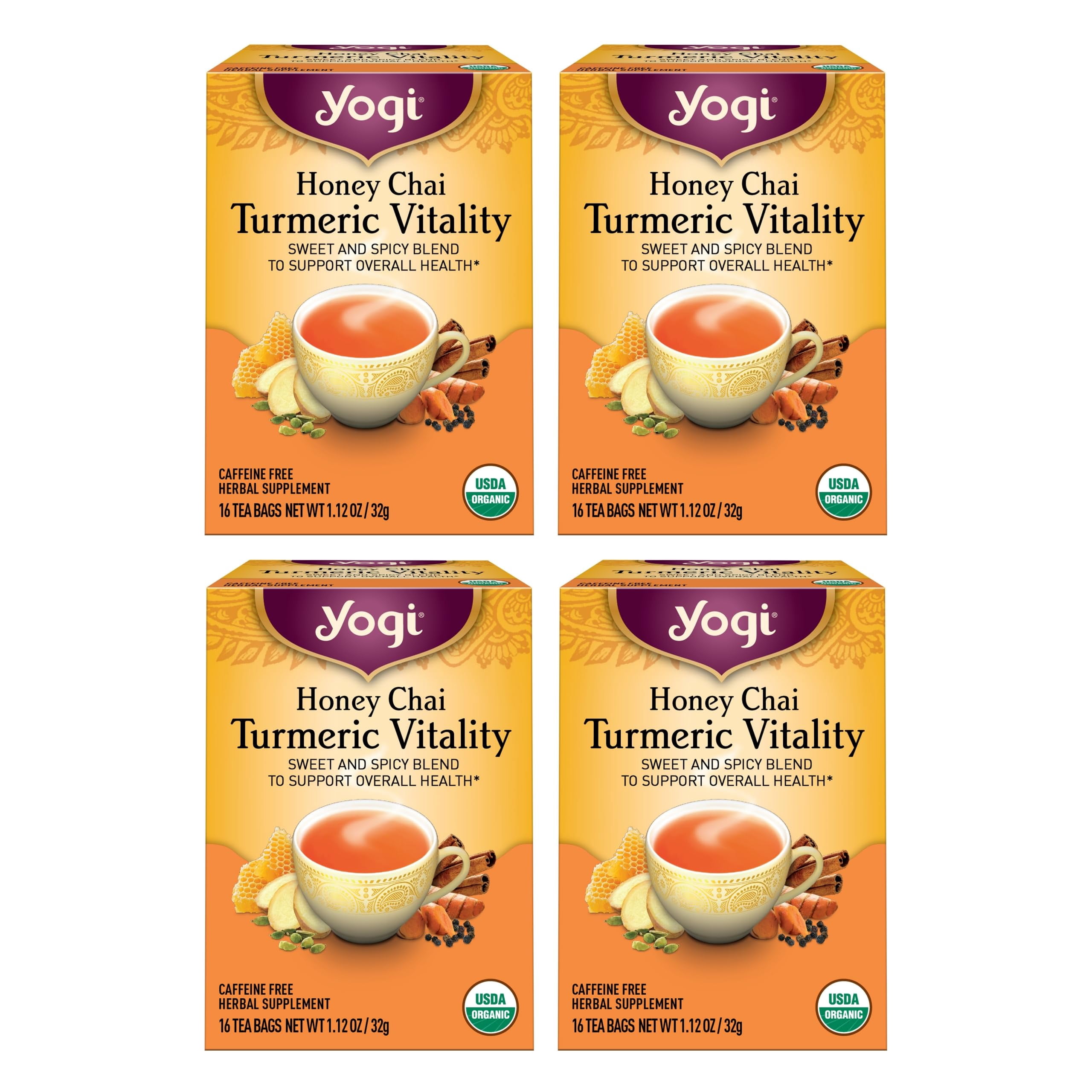 Tea Honey Chai Turmeric Vitality Tea - 16 Tea Bags Per Pack (4 Packs) - Organic Tea To Support Overall Health - Includes Cinnamon Bark, Turmeric Root, Cardamom Pod, Ginger Root & More