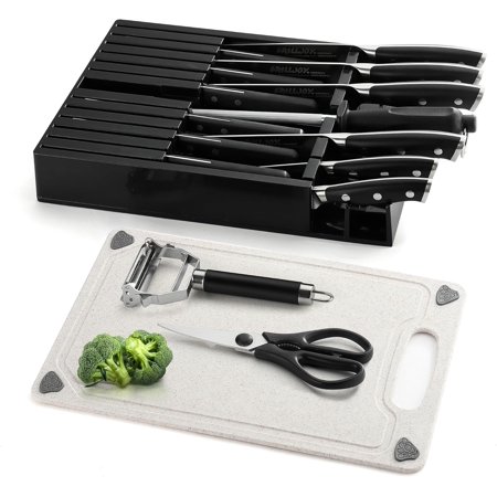 17PCS Premium Knife Set With In-drawer Knife Block, High Carbon Stainless Steel Cutlery Knife Block Set, Versatile Chef Knife Set for Daily Kitchen Use, Black