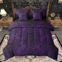 Homewish Baroque Floral 7-Piece Twin Bedding Sets,Spooky Ghothic Skeleton Bedding Comforter Set,Black Purple Sheet Sets For Adults,Ultra Soft Bedroom Decoration Reversible