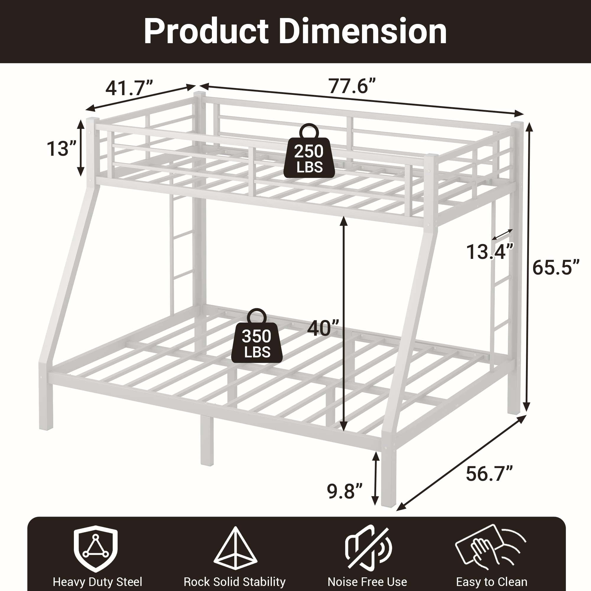 Miniyam Twin Over Full Metal Bunk Bed Frame with Ladder and Guardrails, White