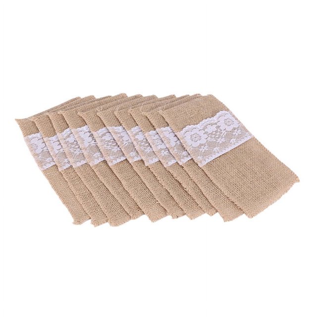 Juego de 50 cuchillos y tenedores de cubiertos naturales, bolsa para cubiertos, soporte de arpillera y encaje, decoración de boda, 21 x 11 cm