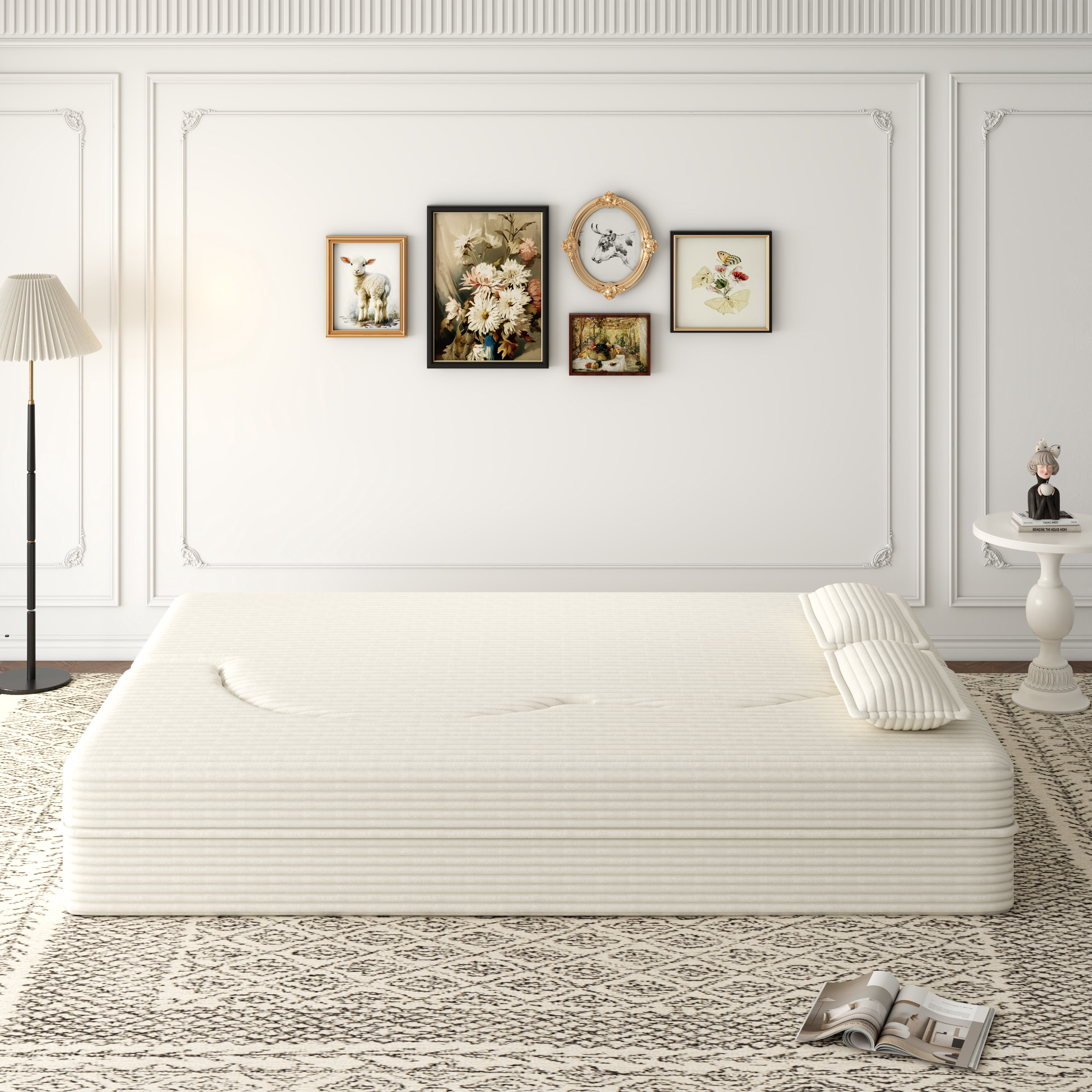 MAYEERTY Vacuum Compressed Corduroy Foldable Foam Sofa Bed, Full Size Zero Assembly Floor Sleeper with 2 Pillows