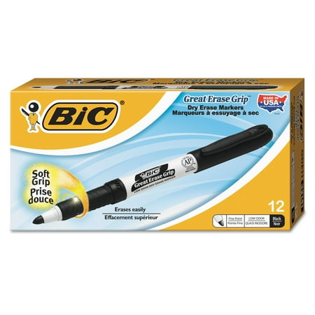 BIC Great Erase Grip Fine Point Dry Erase Marker, Black, Dozen