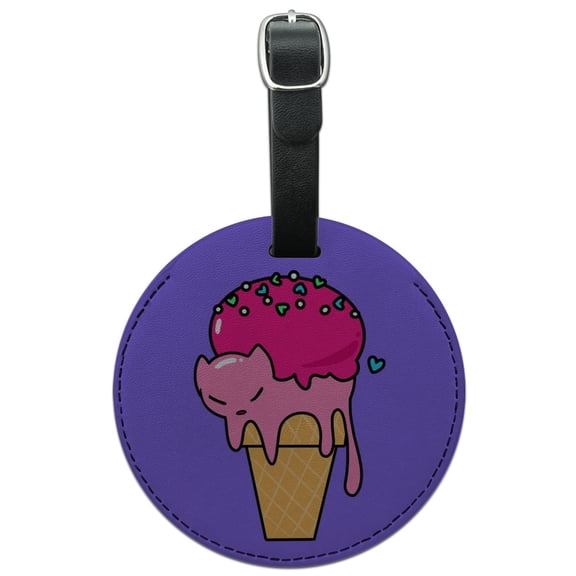 Cute Meowlting Melting Cat Ice Cream Cone Round Leather Luggage Card Suitcase Carry-On ID Tag