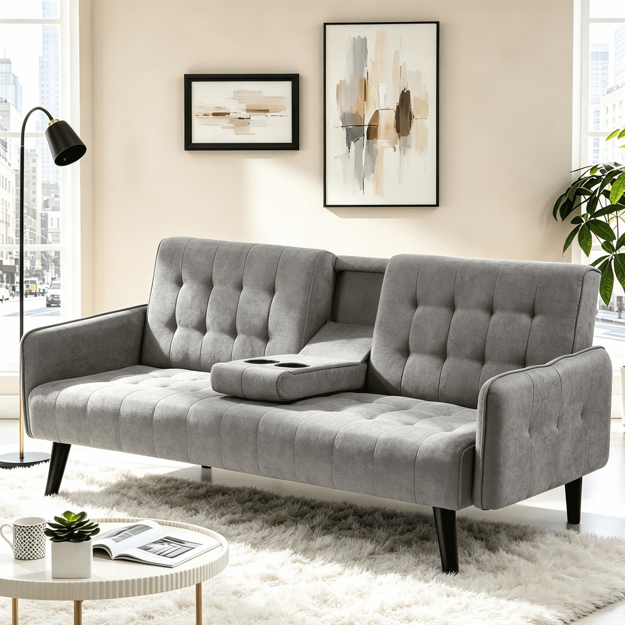 Gewnee 72" Sleeper Sofa Bed, Convertible Linen Futon Couch with Folding Backrest with Cup Holder,Modern Couch for Home and Guest Room，Gray