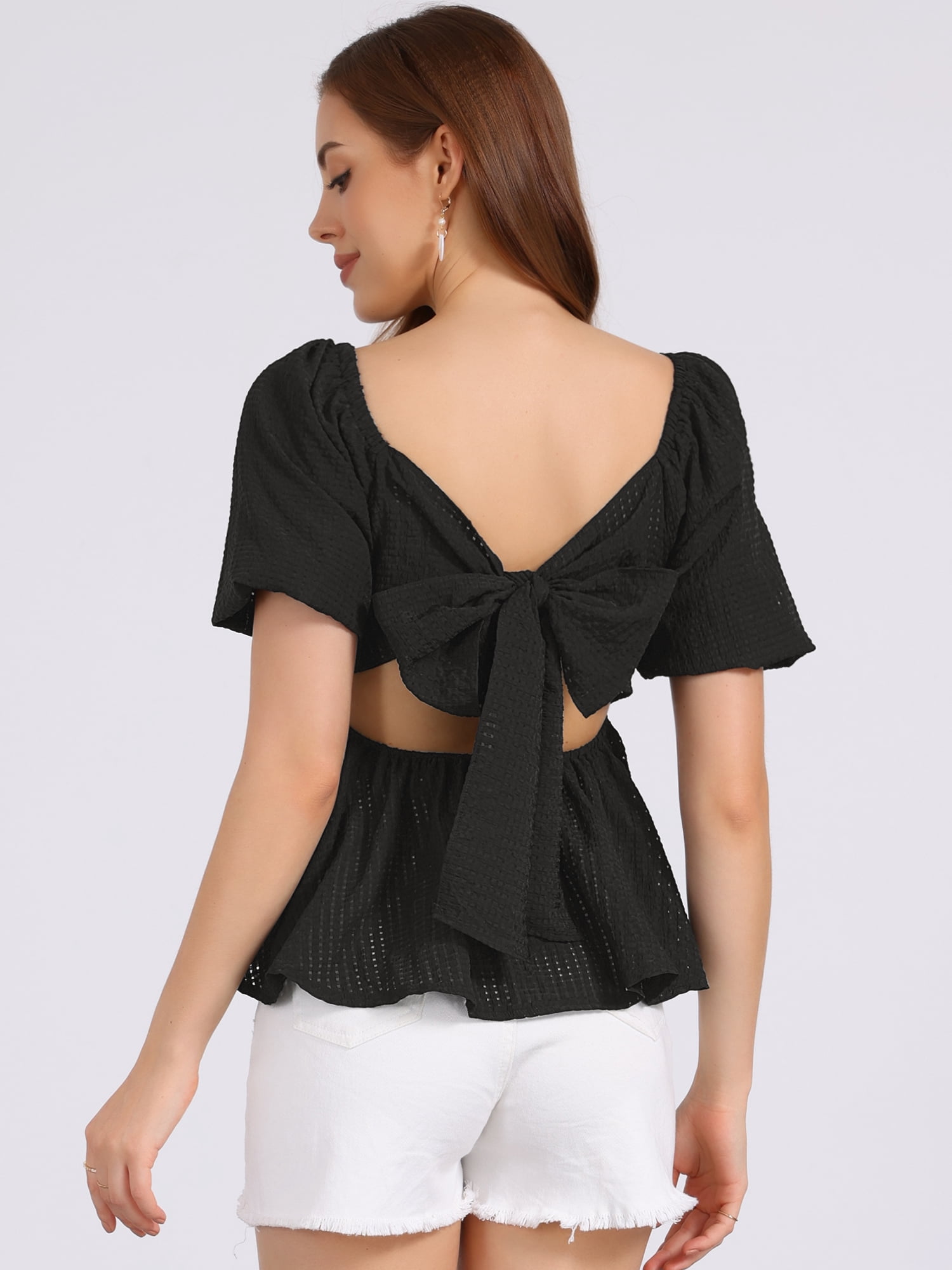 DARING DIVA Women's Peplum Square Neck Puff Short Sleeve Smocked Blouses S Black