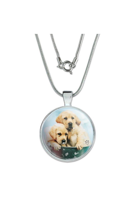 Labrador Retriever Puppies Dogs Bath Bubbles Bucket 1" Pendant with Sterling Silver Plated Chain