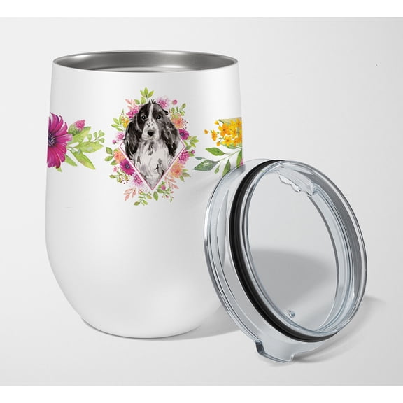 Carolines Treasures CK4244TBL12 Black Parti Cocker Spaniel Pink Flowers Stainless Steel 12 oz Stemless Wine Glass 12 oz
