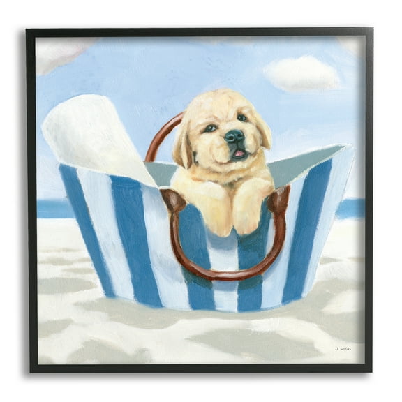 Stupell Industries Puppy at Beach Landscape Animals & Insects Painting Black Framed Art Print Wall Art, 12 x 12