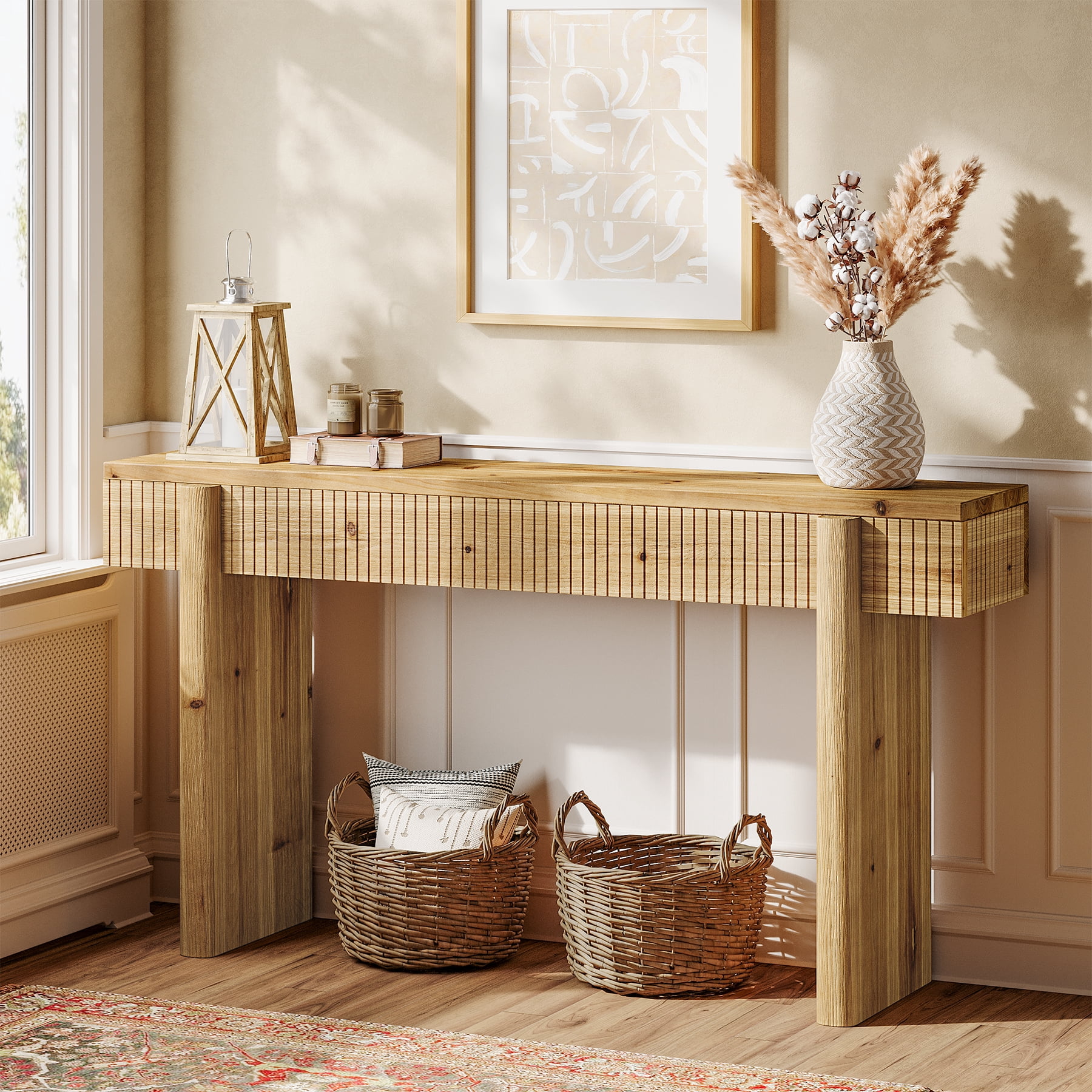 Finmind 55-inch Solid Wood Console Table, Farmhouse Entryway Table, Rectangular Sofa Console with Fluted Top, for Living Room, Hallway, Natural Brown