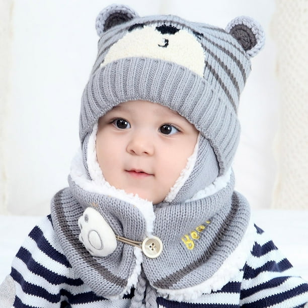 Gorro cálido de invierno para niños, gorro con orejeras para bebé, gorro de punto para bebé con corte de bufanda
